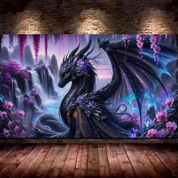 Flowers Waterfall Black Dragon Fantasy Animal Landscape DIY 5D Diamond Painting New 2025 Full Mosaic Diamond Embroidery Big Size