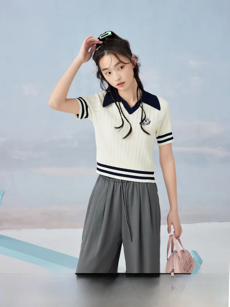 

ZiHAN Color Blo ort Sve Knitted irt Women's Summer New Sle Casual V-Ne Pullover Slim Fit Base irt Sweet Sle