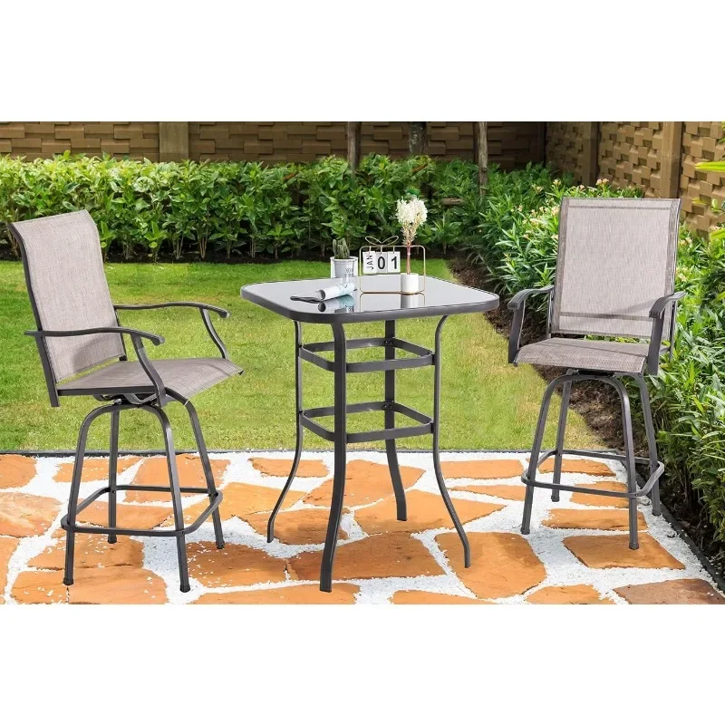 Shintenchi Patio Swivel Bar Set, All Weather Textile Fabric Outdoor High Stool Bistro Set with 2 Bar Chairs and Glass Table