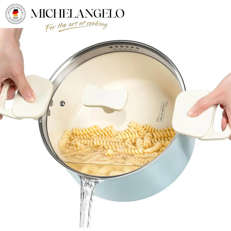 MICHELANGELO Pasta Pot with Strainer Lid Cooking Pot with Lid Drainable Non Stick Spaghetti Pot Ceramic Coated Healthy Pot