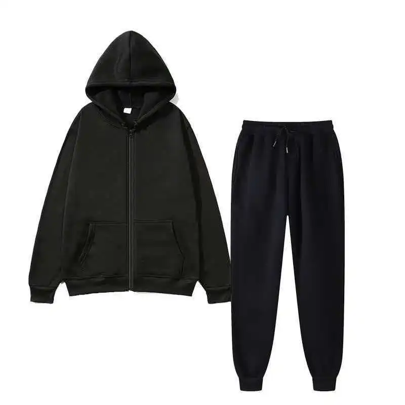 Fleece zipper sweater set, men's cardigan hooded loose fit sweatshirt sweatpants solid color full set sportswear.