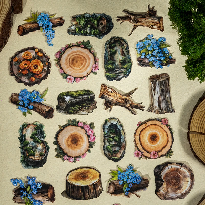 Naklejki z motywem drewna, serii czasowej, kwiatów vintage, kmena drzewa, rocznikowe, okrągłe, krajobrazowe, kreatywne DIY, materiał do dziennika, kolaż, artykuły papiernicze.