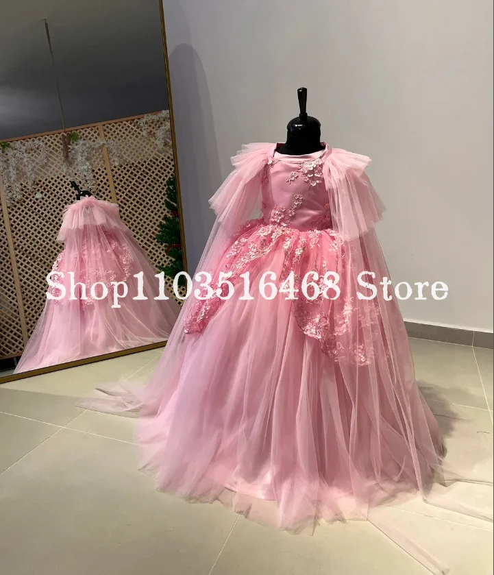 Haute Couture vestidos de 15 quinceañer 2025 Pink Fantasy Floral Applique Removable Shawl Coronation Dress Flower Girl Dresses