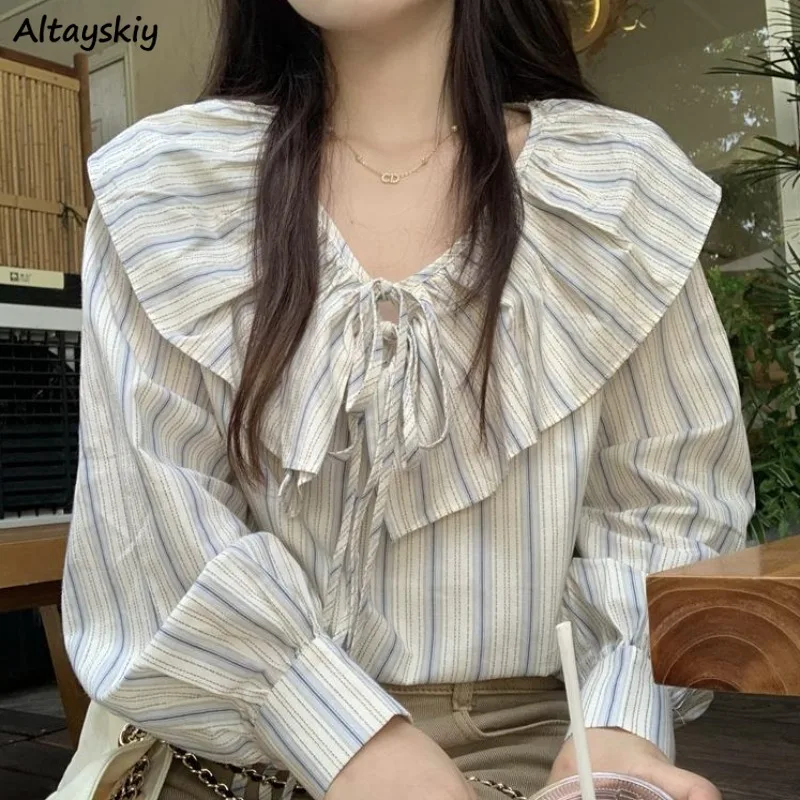

Japan Style Blouses for Women Long Sleeve Peter Pan Collar Cute Girls Lace-up Spring Ins Striped Simple Students Loose New Sweet