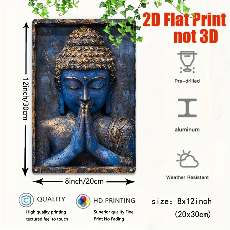 2D Flat - Vintage Aluminum Sign Featuring a Blue Statue with Hands in Prayer, Perfect for Yacht Decor Or As a Unique Piece for Y