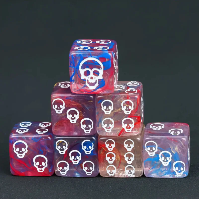 6Pcs/set 16mm Square Angle Transparent Four-color Brushed Skull Pattern Counting Dice Board Game