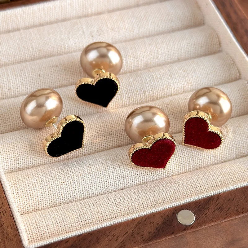 Red Velvet Heart Stud Earrings Champagne Beads Niche Light Luxury Unique Winter Fall for Women