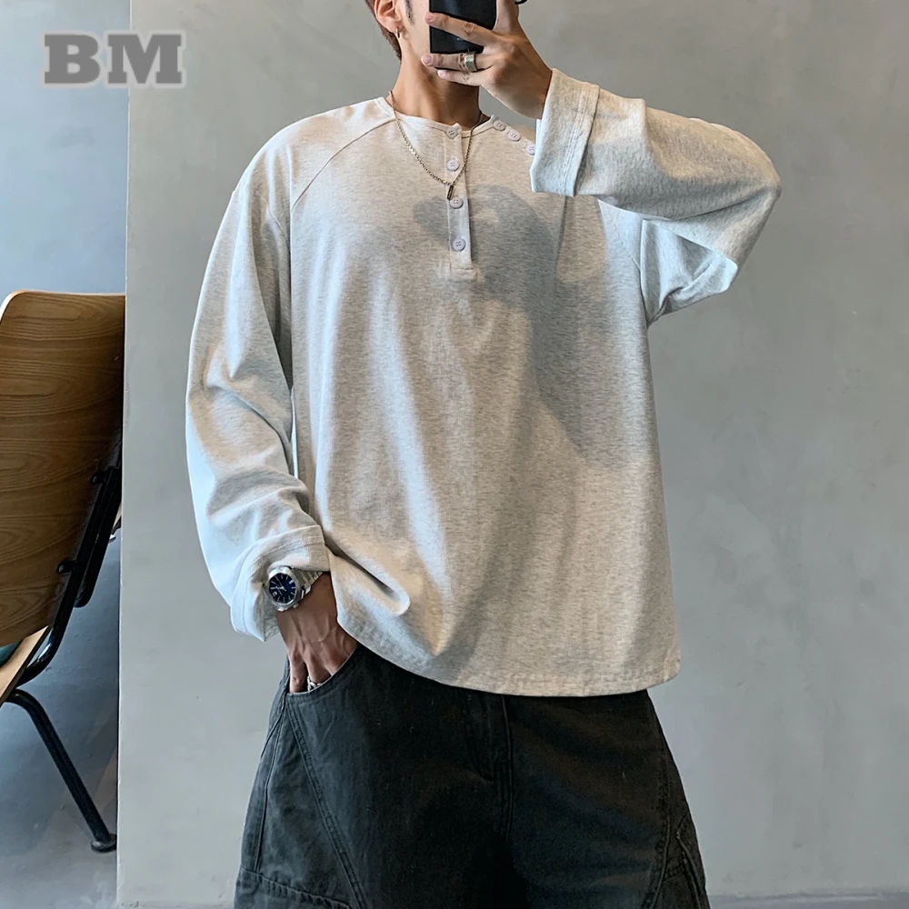 

‌Autumn Korean Style Minimalist Solid Color Long Sleeve T Shirt Men Streetwear Trendy Loose Round Neck Top Japanese Casual‌