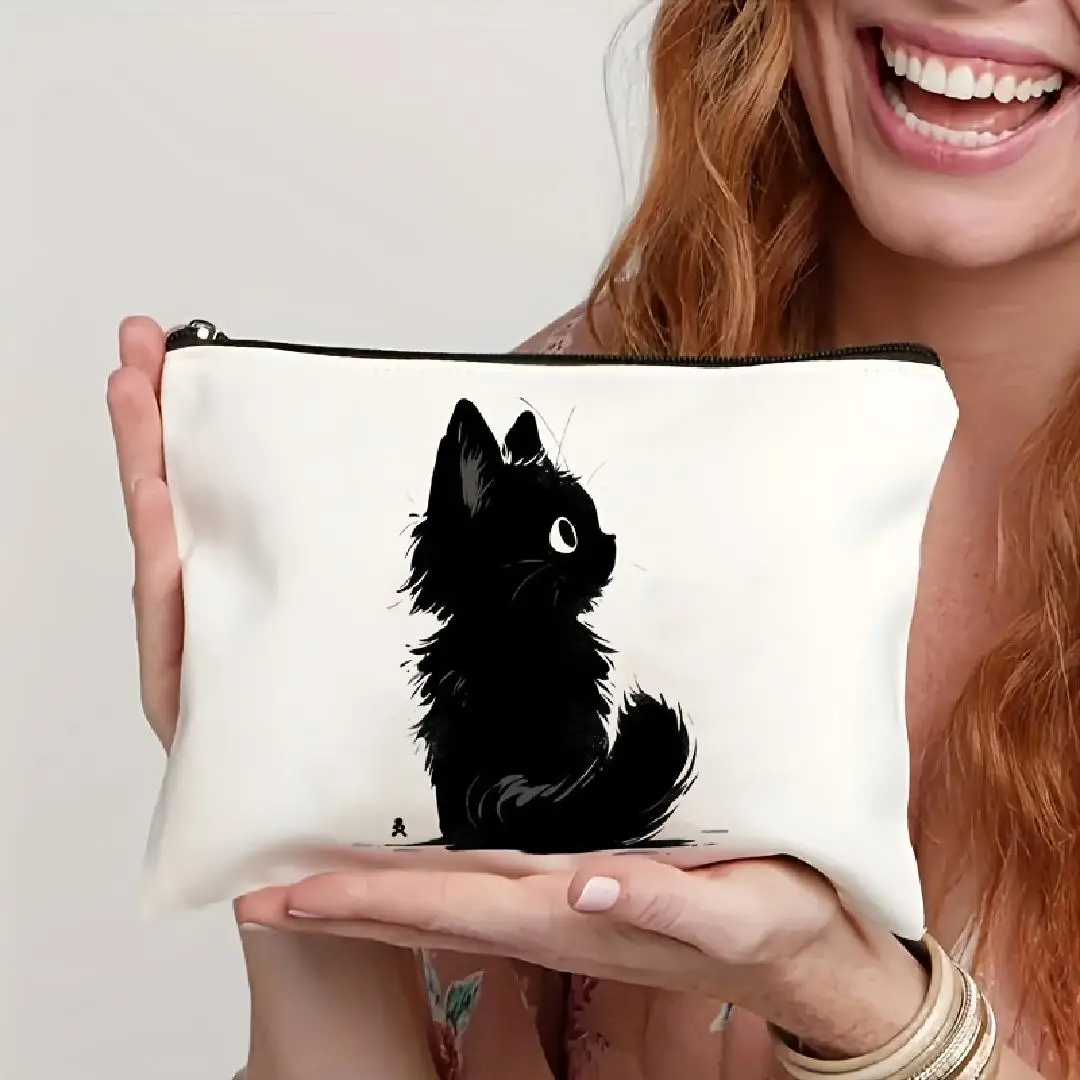 

A Charming Black Cat Makeup Bag - Cute Multifunctional Zipper Pouch for Women, Jewelry Storage Bag