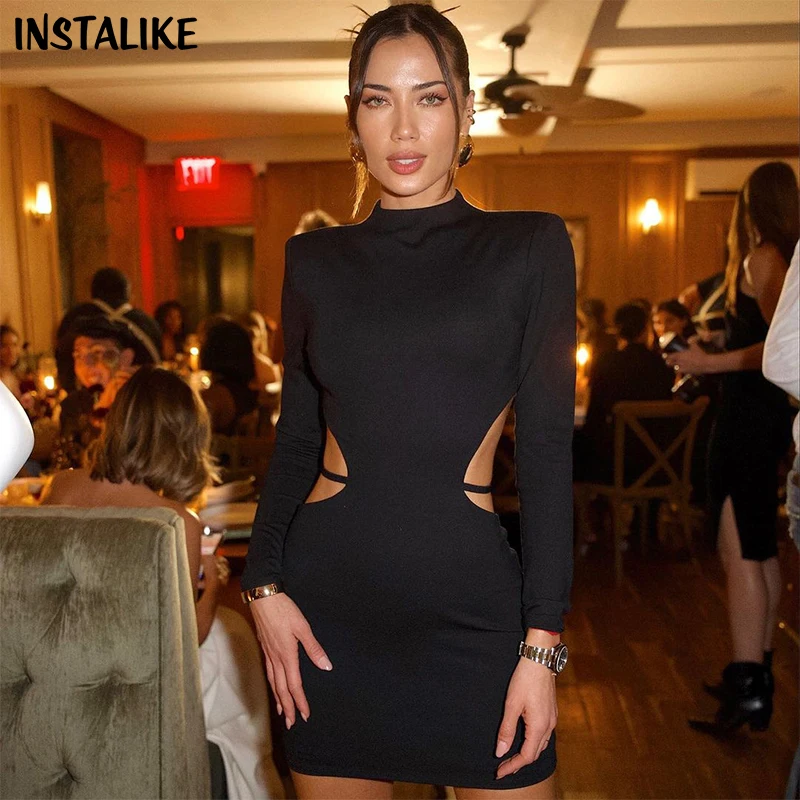 

InstLike Sexy Backless Bandage Mini Dress Elegant and Pretty Outfits Women Evening Club Long Sleeve Bodycon Dress Black Vestidos