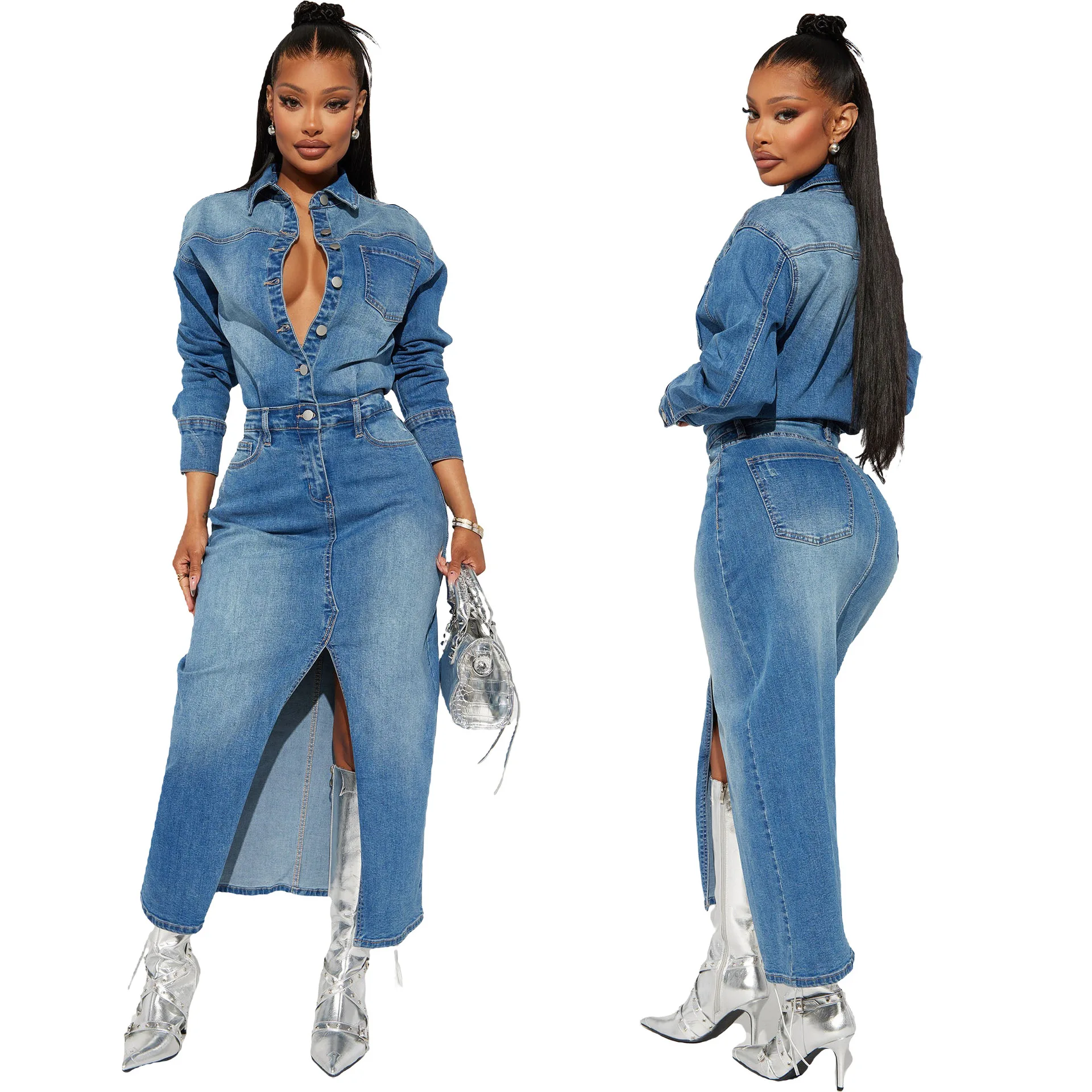 Dresses Single Breasted Denim Ankle Length Dress Turn Down Collar Casual Slim Fit Wrap Buttocks Spliced Button Solid Sheath