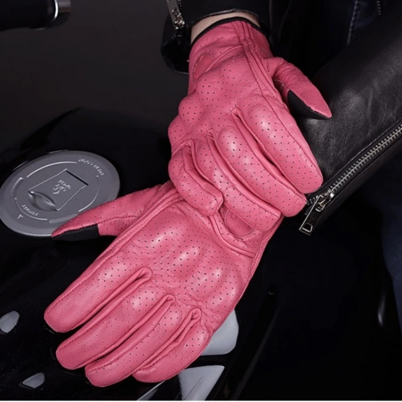 Yellow/Brown/Pink Vintage Leather Gloves Perforated Motorcycle Riding Glove for Men Women Breathable Touchscreen Motocross Glove view 2