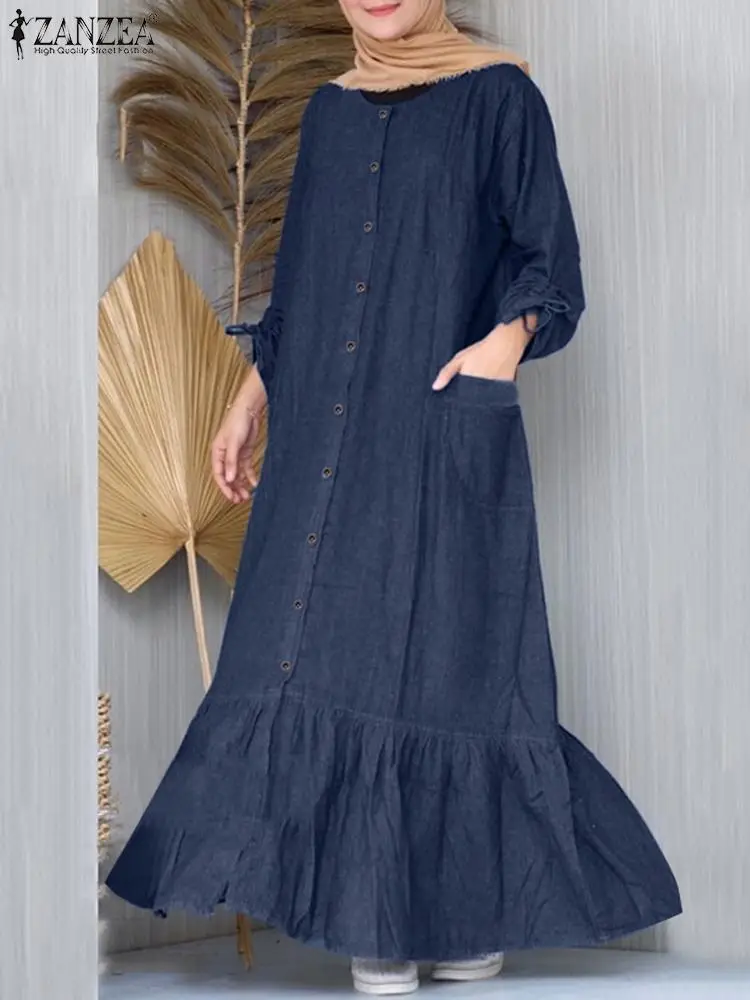 

ZANZEA Women Vintage Ruffles Hem Maxi Dress Spring Long Sleeve Denim Blue Muslim Sundress Fashion Dubai Turkey Islamic Clothing