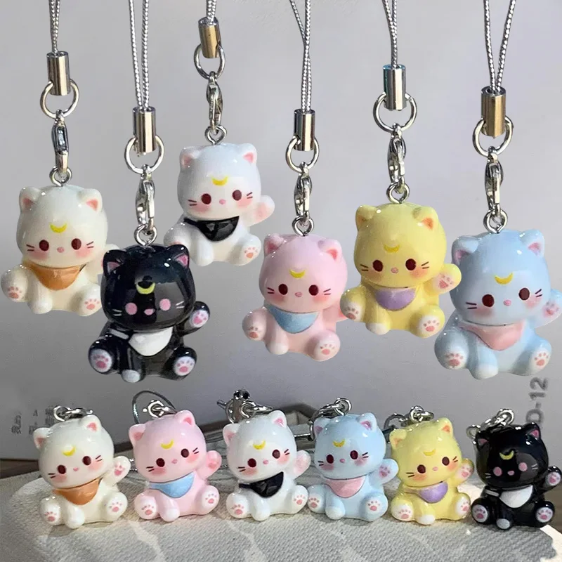1/6pcs New Cute Cartoon Small Cat Phone Chain Keyrings Mini Resin Cats Keyring Bag Pendant Couple Keychain Gifts Fashion Jewelry