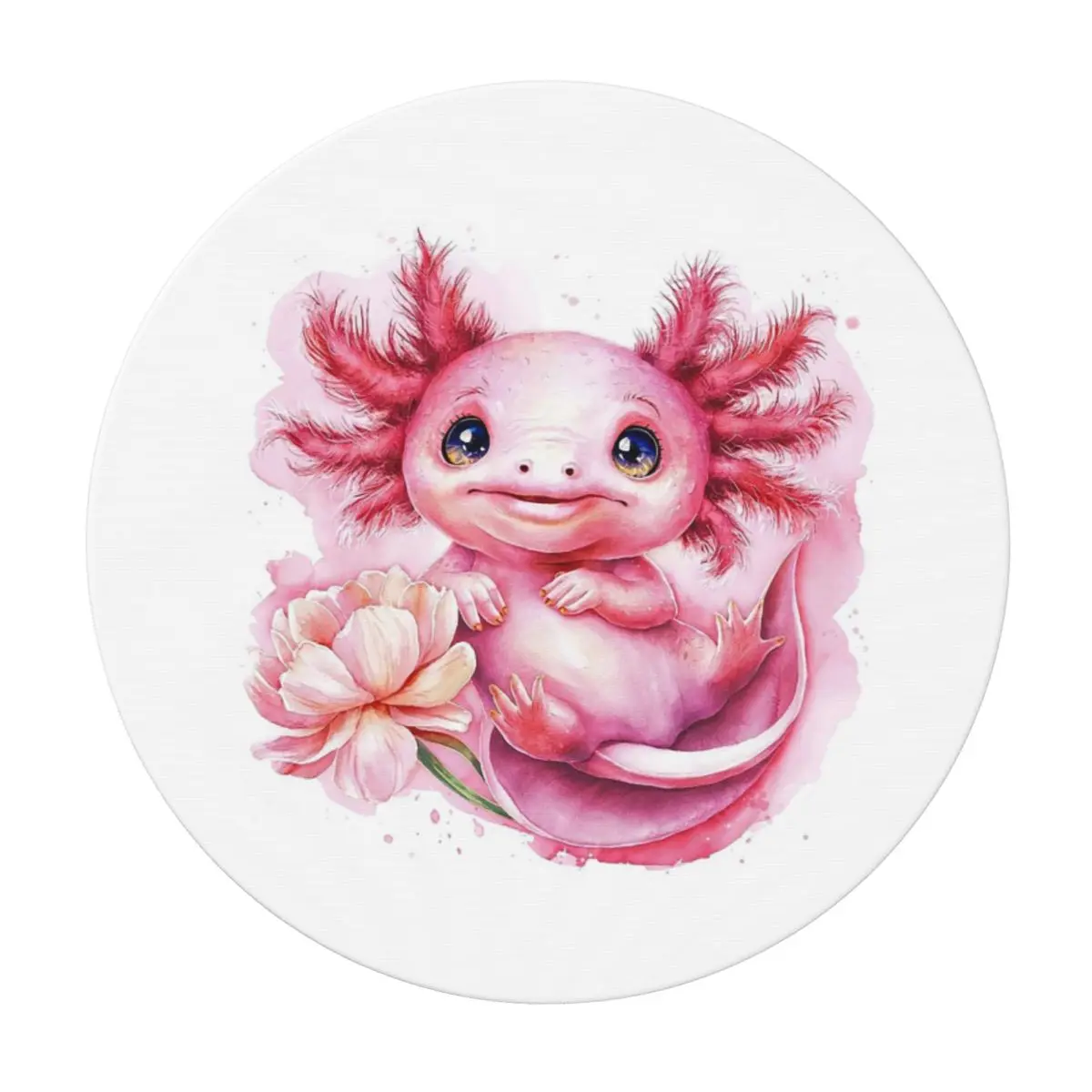 Cartoon Pink Axolotl Salamander And Pink Flowers Round Tablecloth Oilproof Table Cloth for Kitchen Events Dining Table Cover
