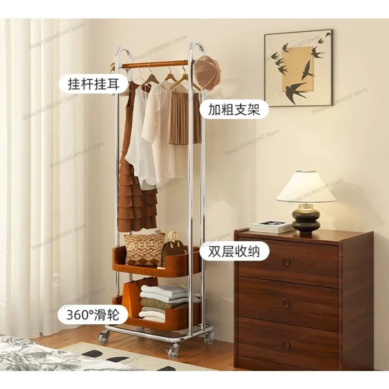 For Floor-to-ceiling Hanger Stainless Steel Bedside Coat Rack Mobile Solid Wood Clothes Rack