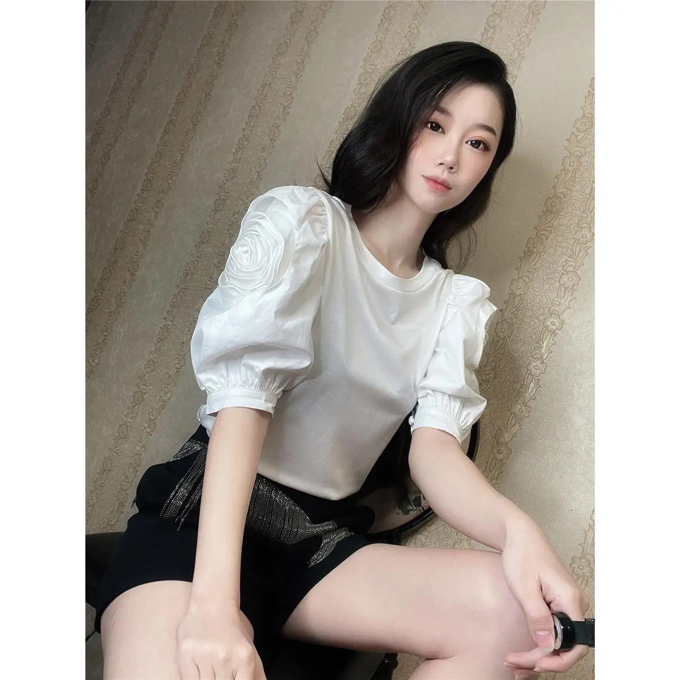 KUSAHIKI Sweet Chic Flower Puff Sleeve Shirts for Women Summer Causal O-neck Y2k Top 2023 New Solid Korean Graphic T Shirts