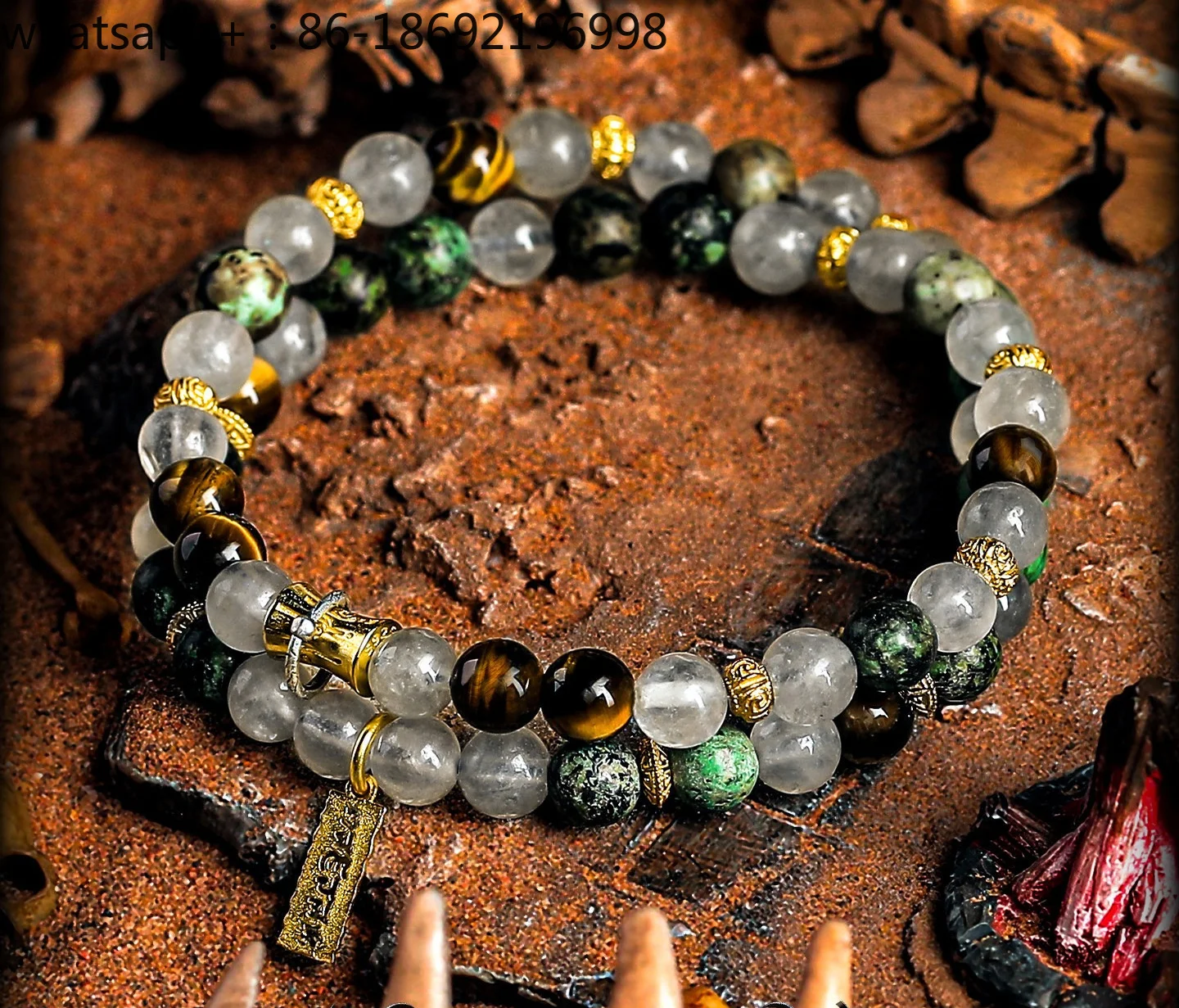 [Time Trace] Fog Crystal Bracelet Boys Yellow Tiger Eye Stone Six Character Mantra Bracelet Beads Personalized Stacking Wear