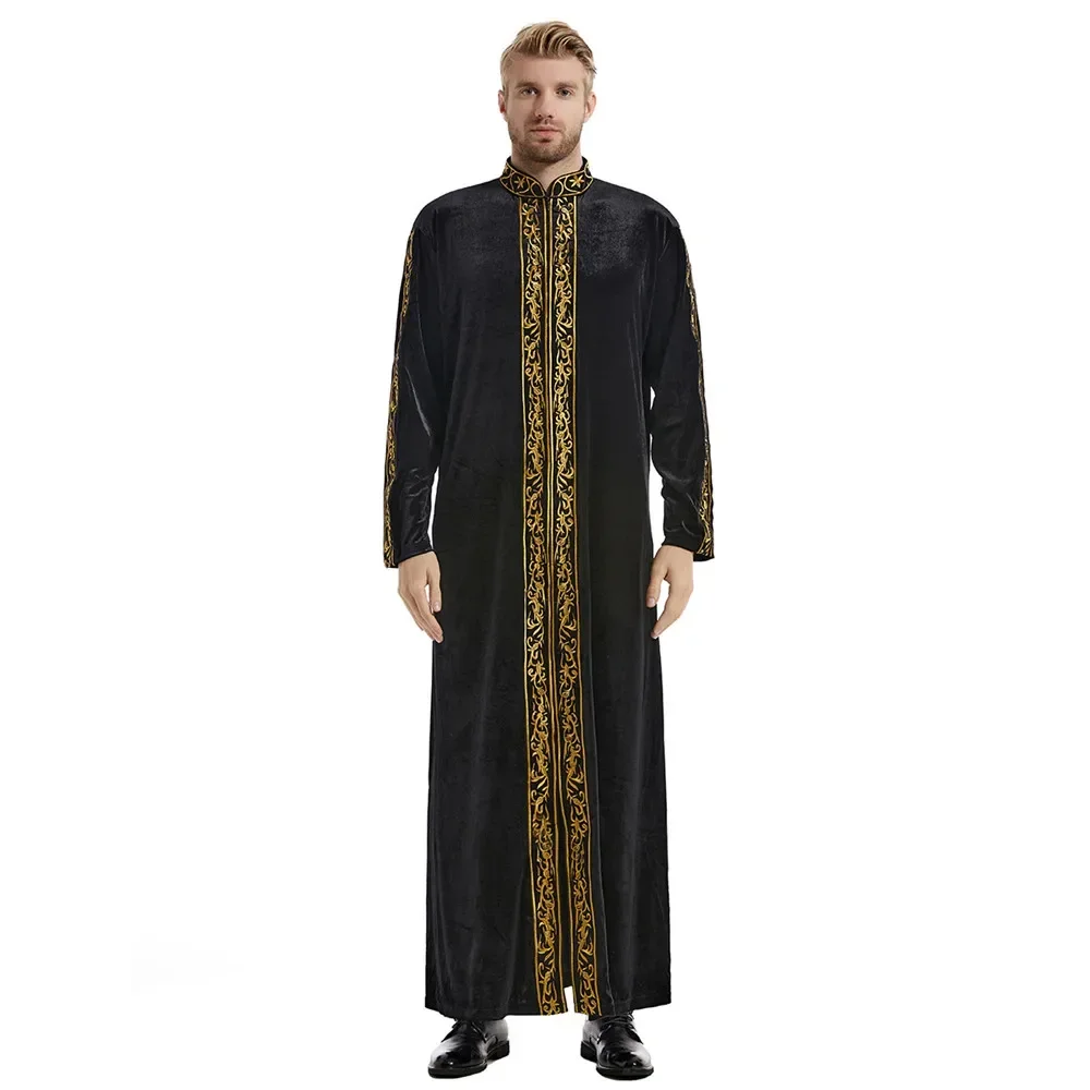 Uomo Jubba Thobe Arabia Saudita Islam Abbigliamento Velluto Ricamo Manica lunga Cerniera Abaya Moda musulmana Caftano Abbigliamento uomo musulmano