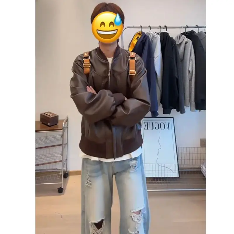 

Модная мужская кожаная бейсбольная куртка свободного покроя, новинка 2025, универсальное бейсбольное пальто, верхняя одежда, полиэфирная ткань