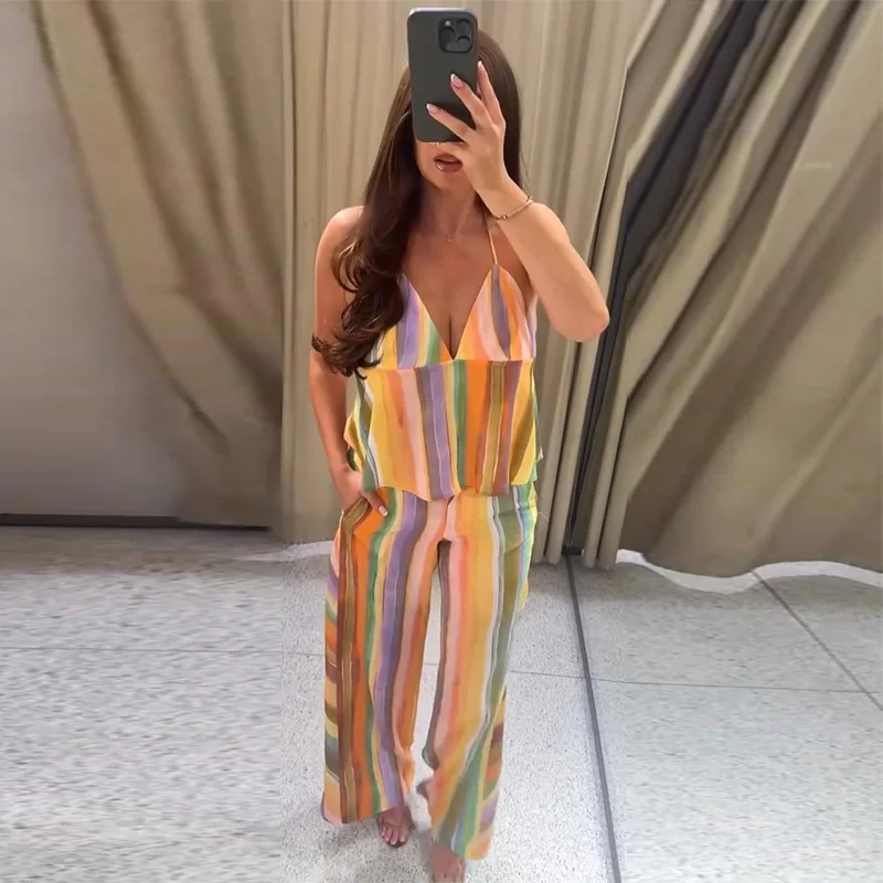 Gestreifte V-Ausschnitt Rückenfreie Crop-Tops und Hosen-Sets für Damen, Sexy Ärmelloses Schnür-Top, Midi-Taille, Weite Hosen, Schicke Damen-Outfits – Detail 10