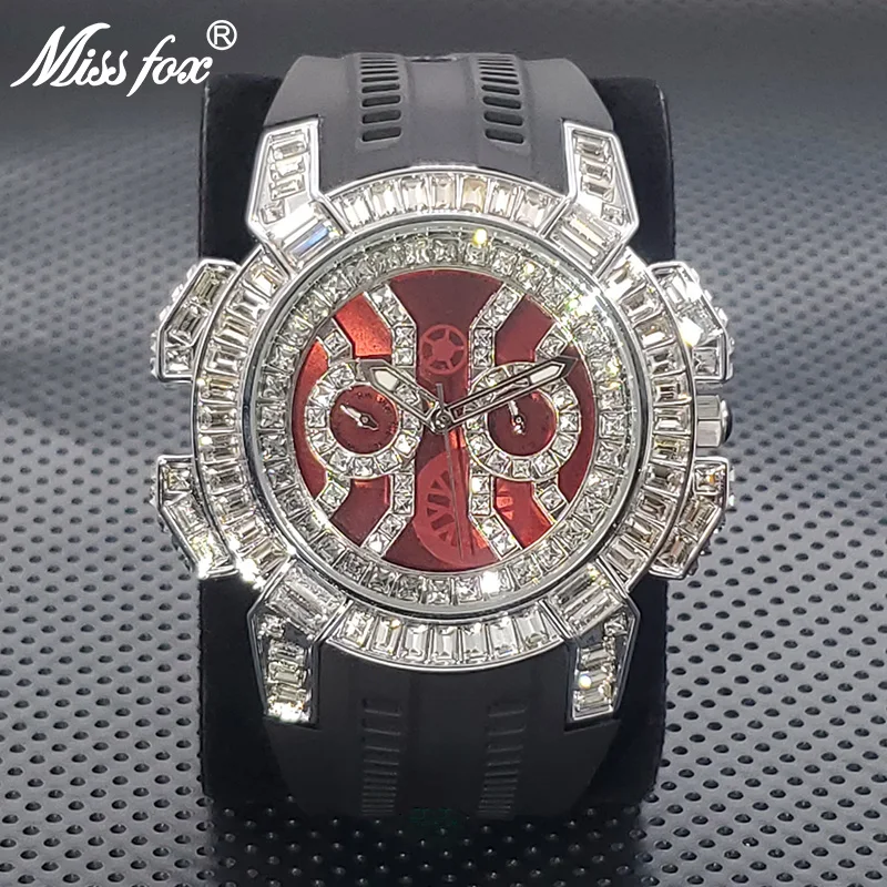 Luxury Brand Men Big Face Watch Rectangle Diamond Red Dial Quartz Wristwatch Hip Hop Rapper Sport Waterproof Date Clock 2022 New