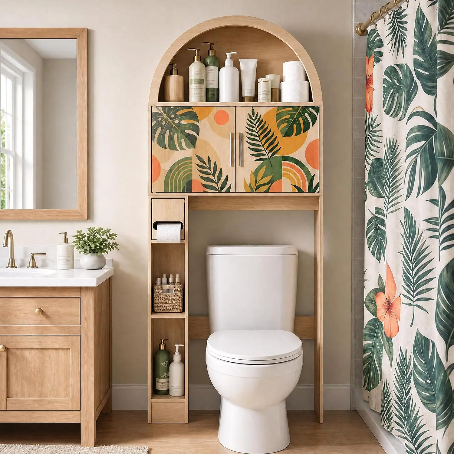 Over The Toilet Storage Cabinet with Tropical Doors, Natural Wood, Customized