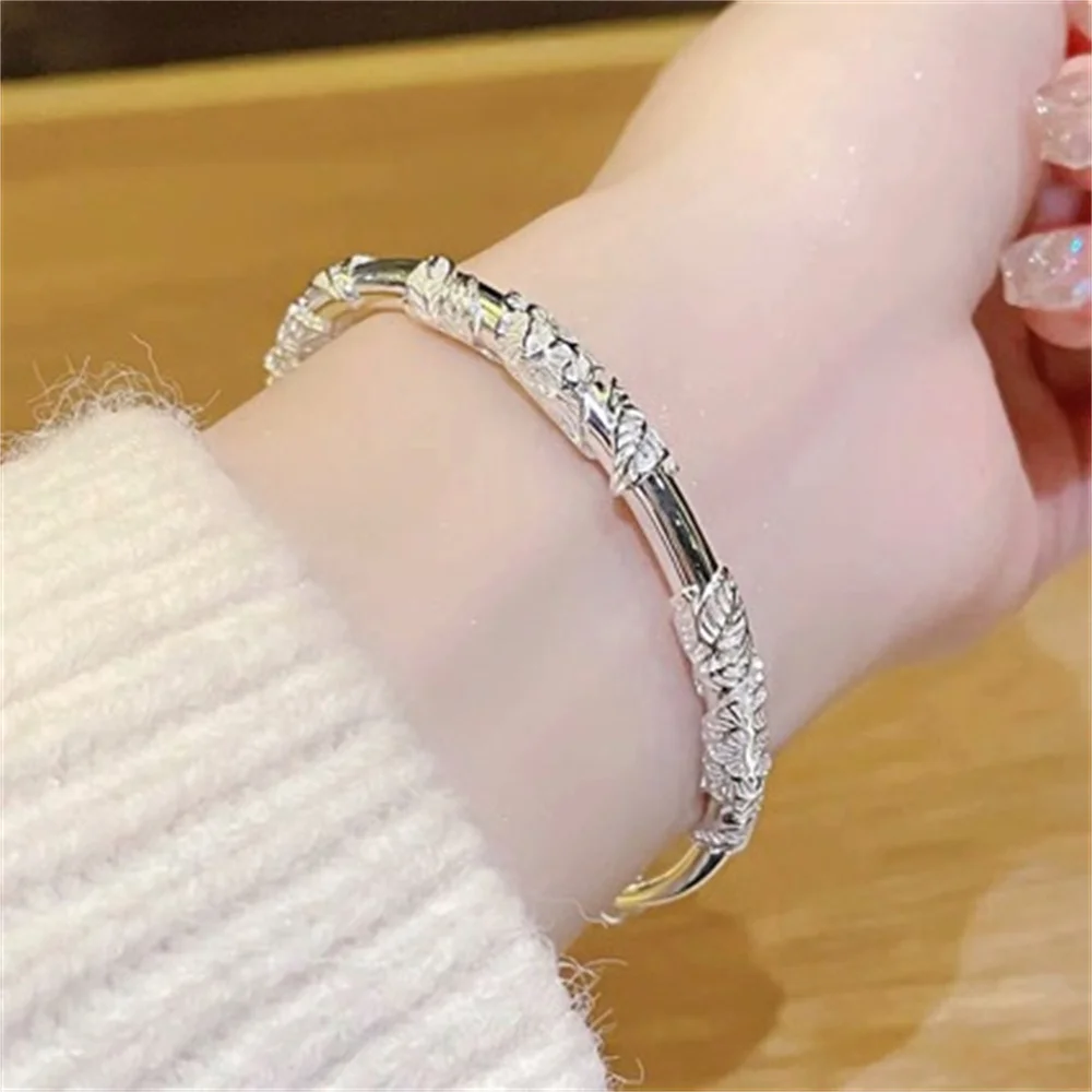 OUYADI Ladies 999 Sterling Silver Rose‑Carved Push‑Pull Bangle, Vintage Flower Decor Adjustable Wrist Jewelry Gift