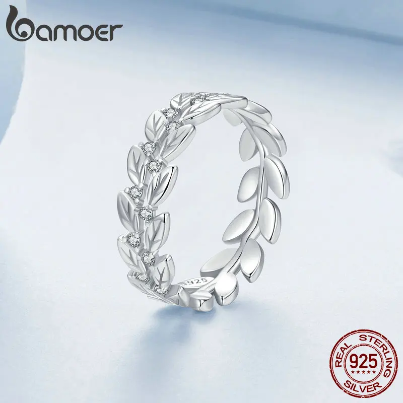 Bamoer Original 925 Sterling Silver Plant Full Leaves Ring CZ White Gold For Women Anniversary Holiday Party Gift Fine Jewelry