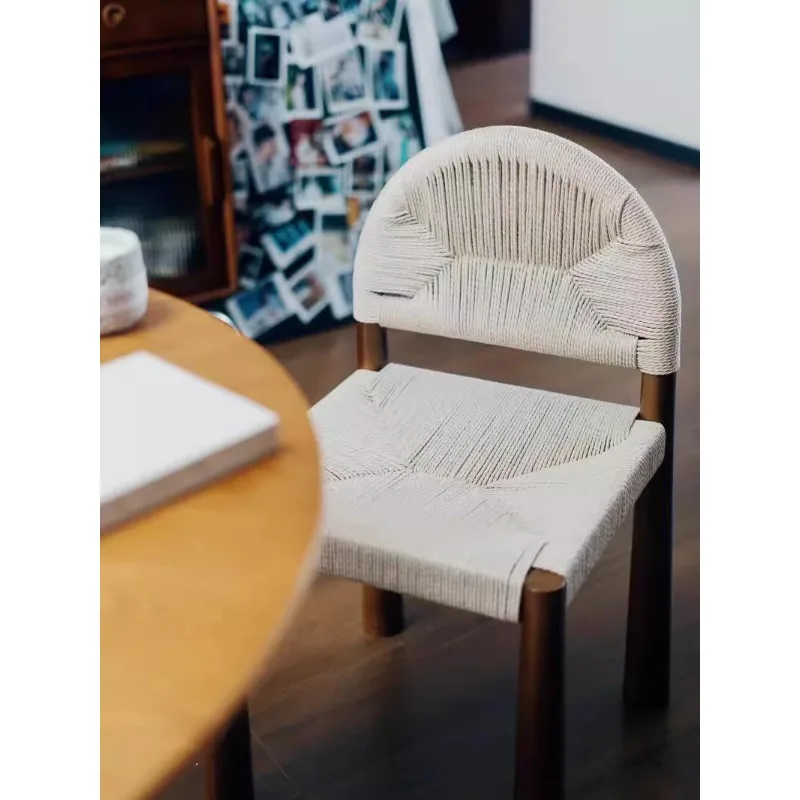 Vintage Solid Wood Rattan Dining Chair Home Designer Medieval Style Single Bed and Breakfast Rope Backrest Chair