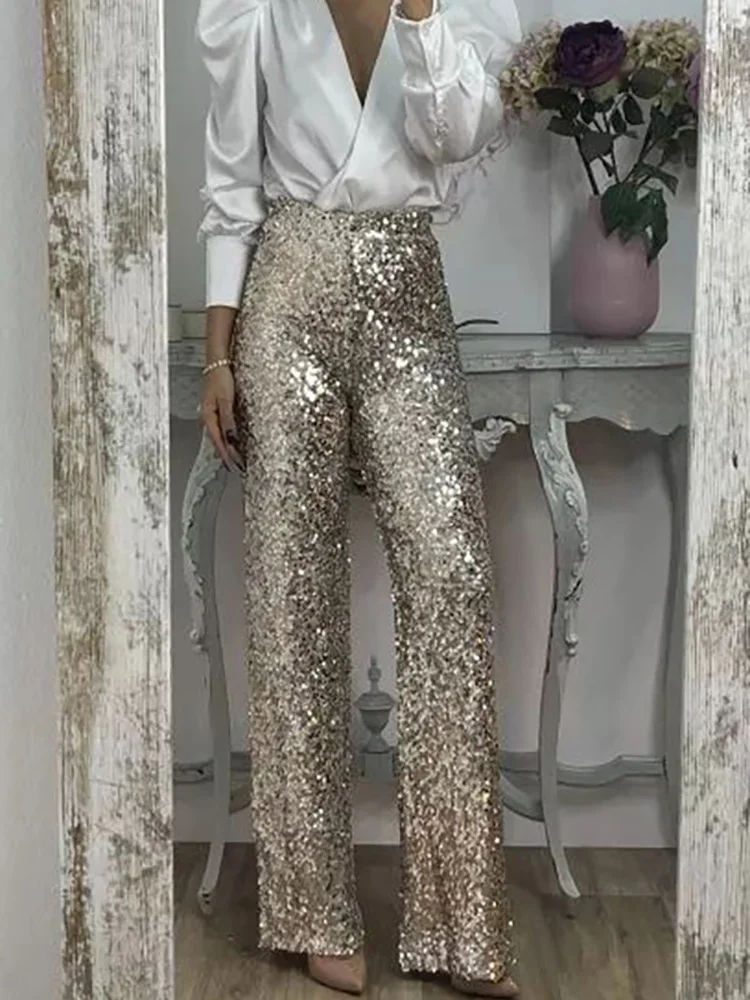 

2024 Women Spring Summer All Match Elastic Waist Trousers Loungewear Slim Sequined Patchwork Fashion Wide Leg Pants Dropshipping