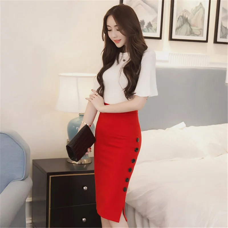 Spring Bodycon Skirts Women Stretchable Split Midi Slim Summer Women Placketing Lady Pencil Skirt Button