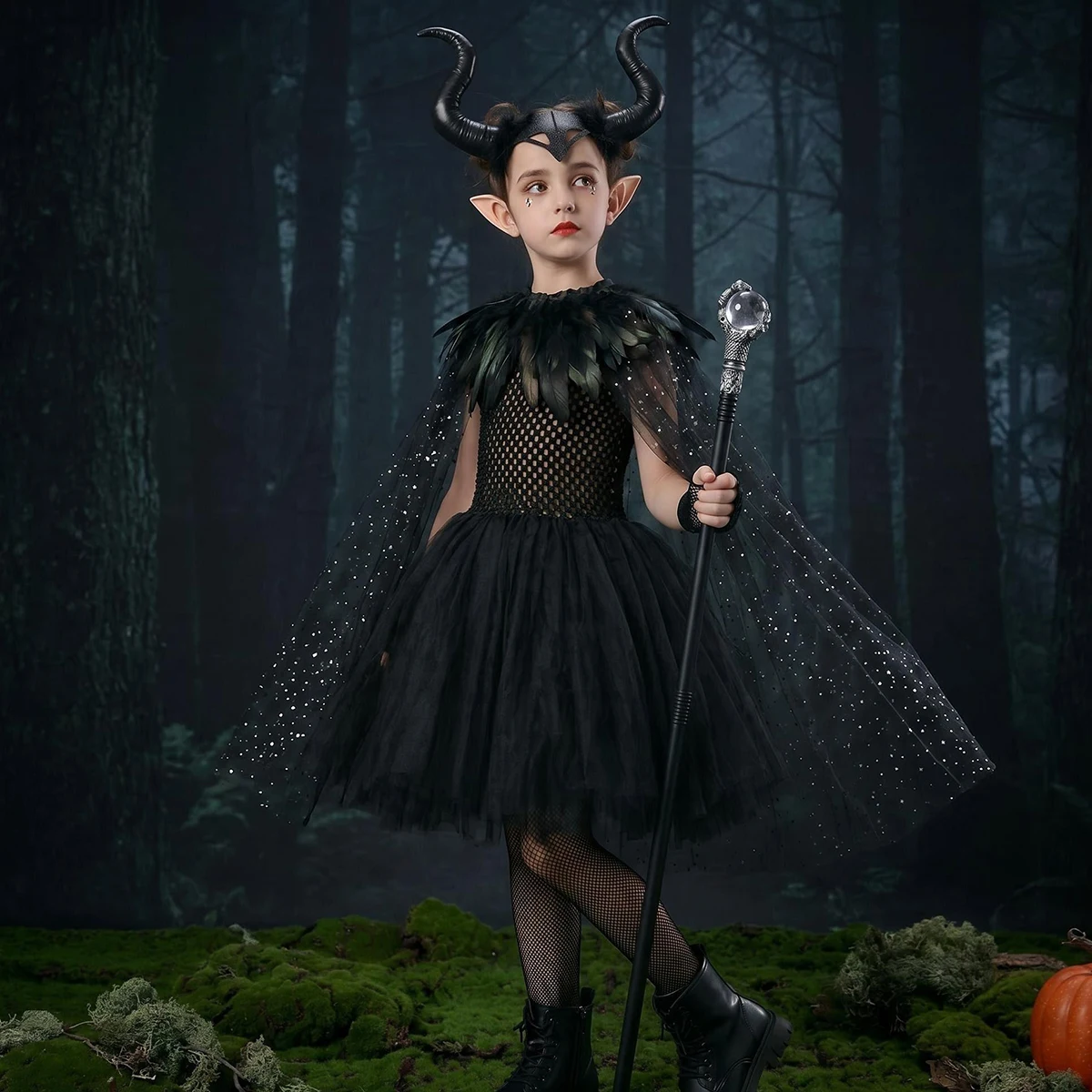 Kids Gothic Witch Costume For Girls Black Witch Tutu Dress Spooky Dark Evil Fairy Halloween Outfit Fancy Party Dress with Horns