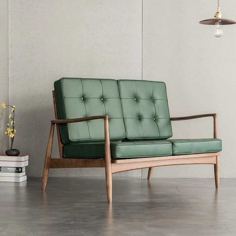 

Living room small apartment leather art fabric double solid wood sofa, ash wood whole body polished
