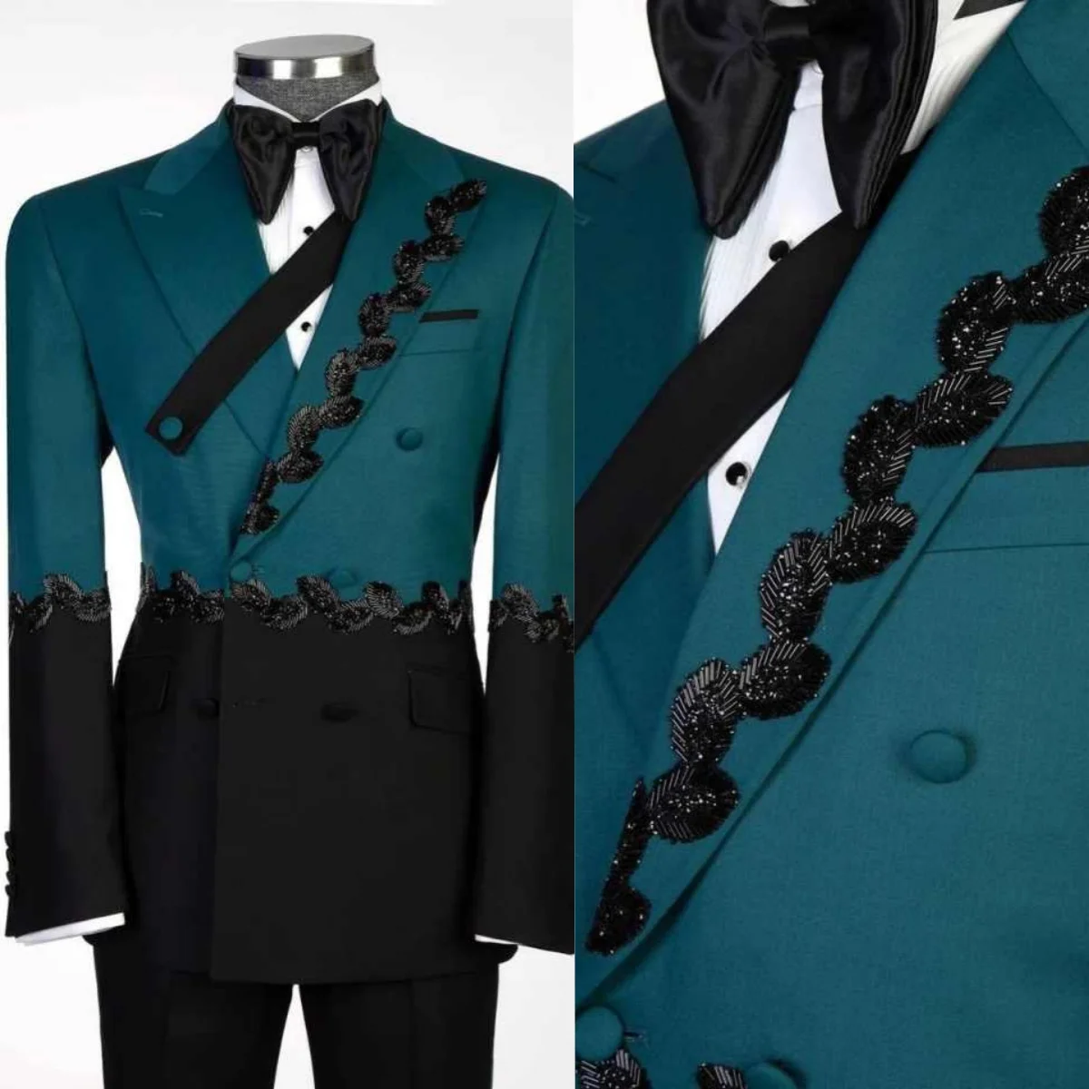 

Fashion Men Suits Peaked Lapel Double Breasted Pants Sets Beading 2 Pieces Business Occasion Party Customized Outfits