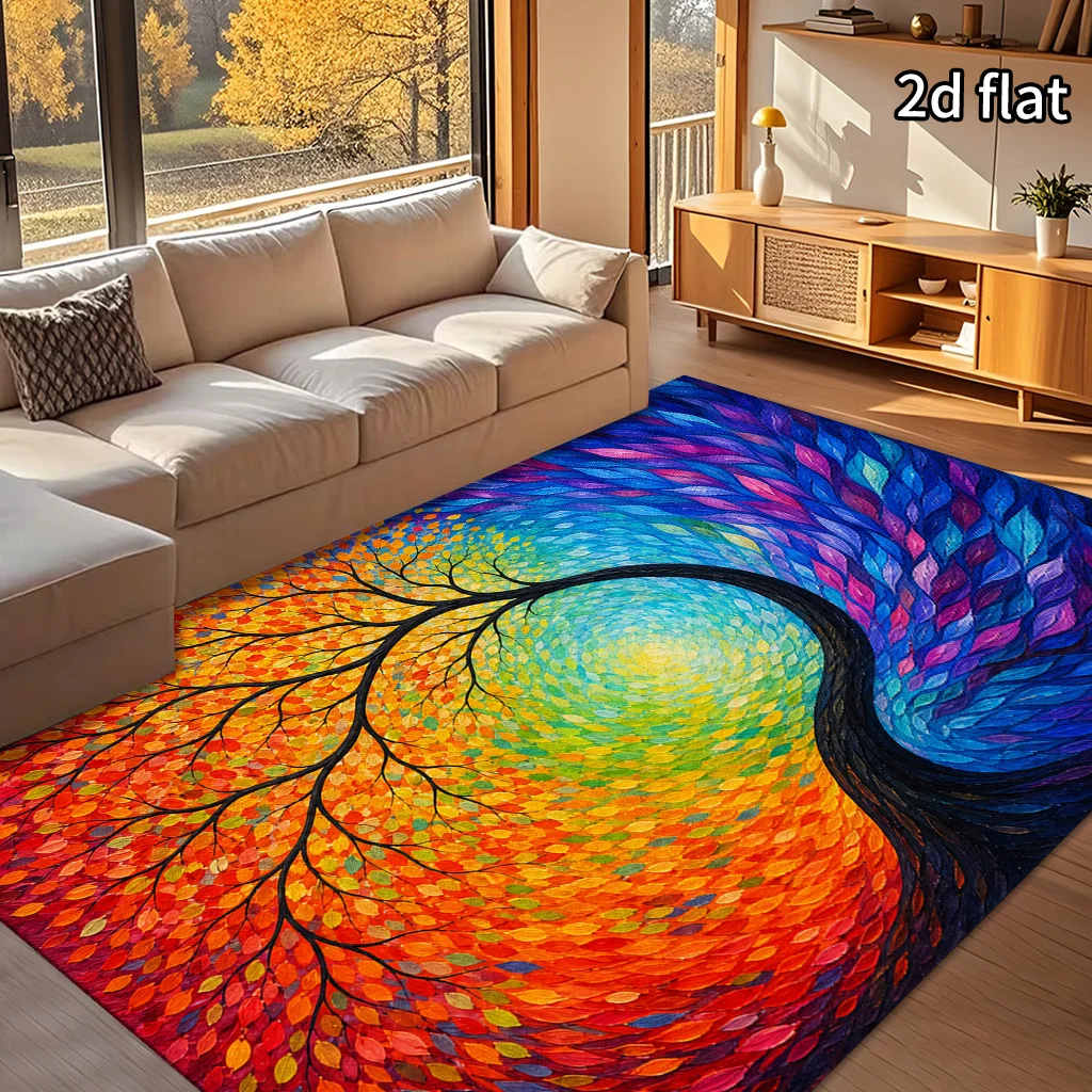 1pc Abstract Color Gradient Tree of Life Decor Rug, Non‑Slip Machine Washable Floor Mat for Living Room, Bedroom, Entryway