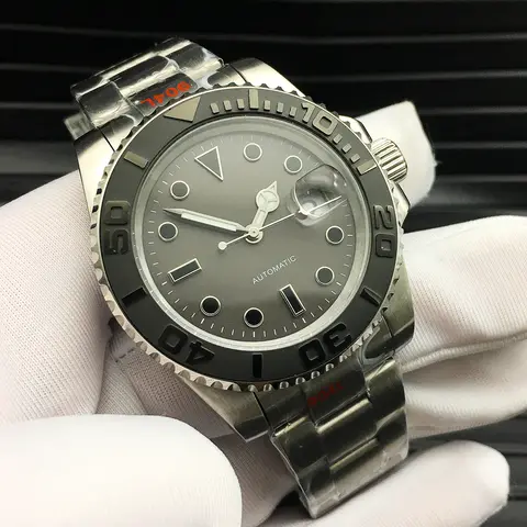 남성용 기계식 시계, 회색 다이얼, 로고 없음, 사파이어 글라스, 미요타 8215 무브먼트, 요트 자동 시계 스트랩, 40mm