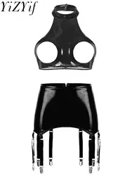 Womens Patent Leather Two-Pieces Porn Lingerie Set Wire-free Open Bust Push-up Bra Top Tank Top with Zipper Garters Mini Skirt