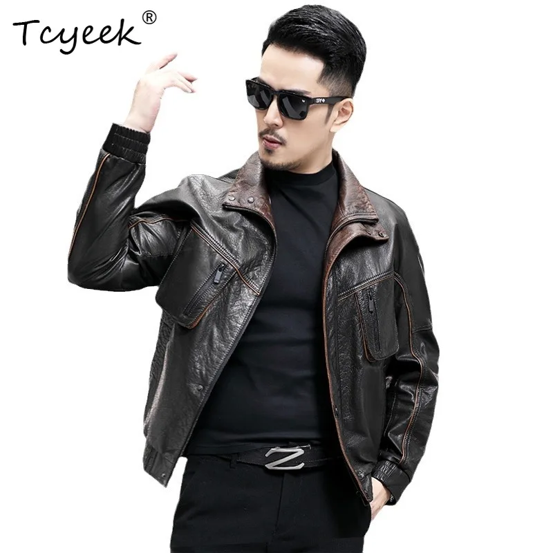 

Tcyeek Top Layer Cowskin Spring Autumn High End Trendy Lapel Black Short Men Genuine Leather Jacket Jaqueta De Couro Masculina