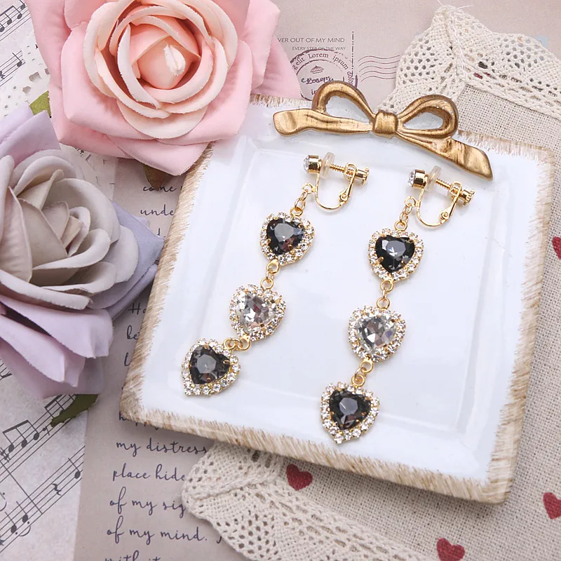 Luxury Lolita Rhinestones Earring Women's Japanese Style Accessories Baroque Chic Love Heart Chain Pendant Long Earrings