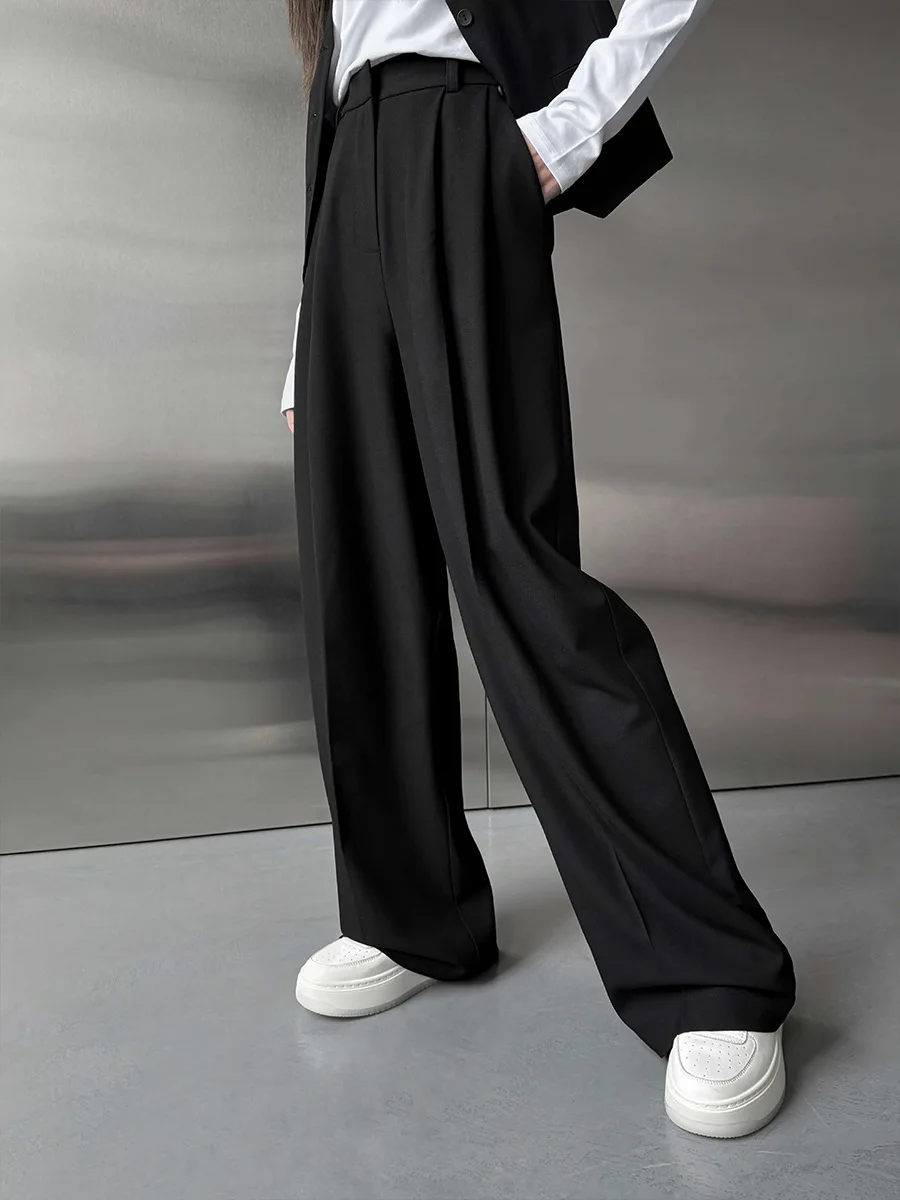 Women's Loose Black Wide Leg Pants 2025 Autumn New Solid High Waist Zip-up Long Trousers Office Lady Classic Suit Pants