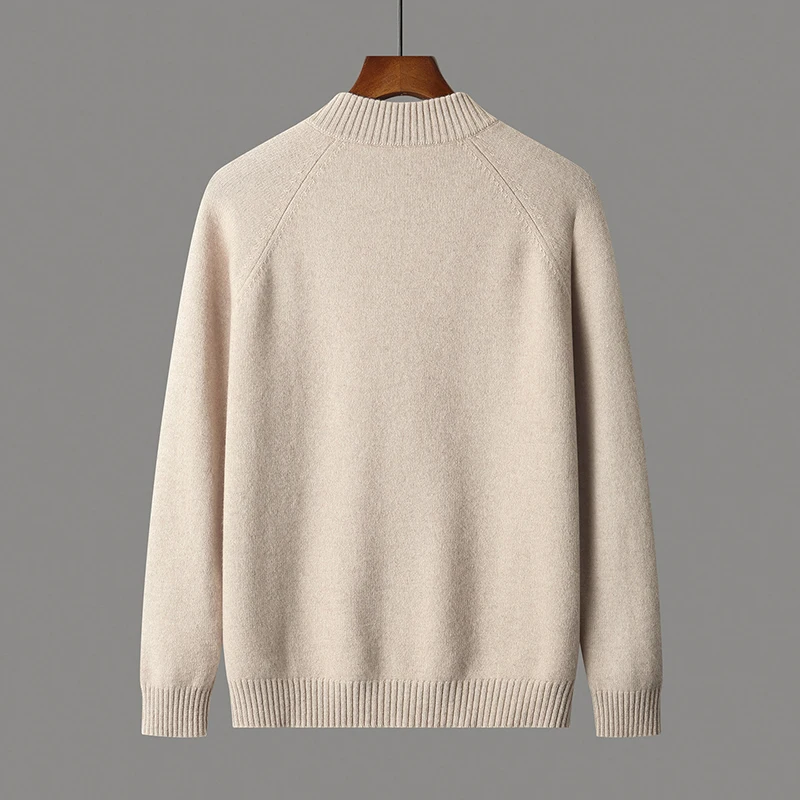 100% Merino Wool Men's Warm Sweater Mock Collar Thickened Zippered Cardigan Autumn Winter New Cashmere Knitted Long Sleeve Tops