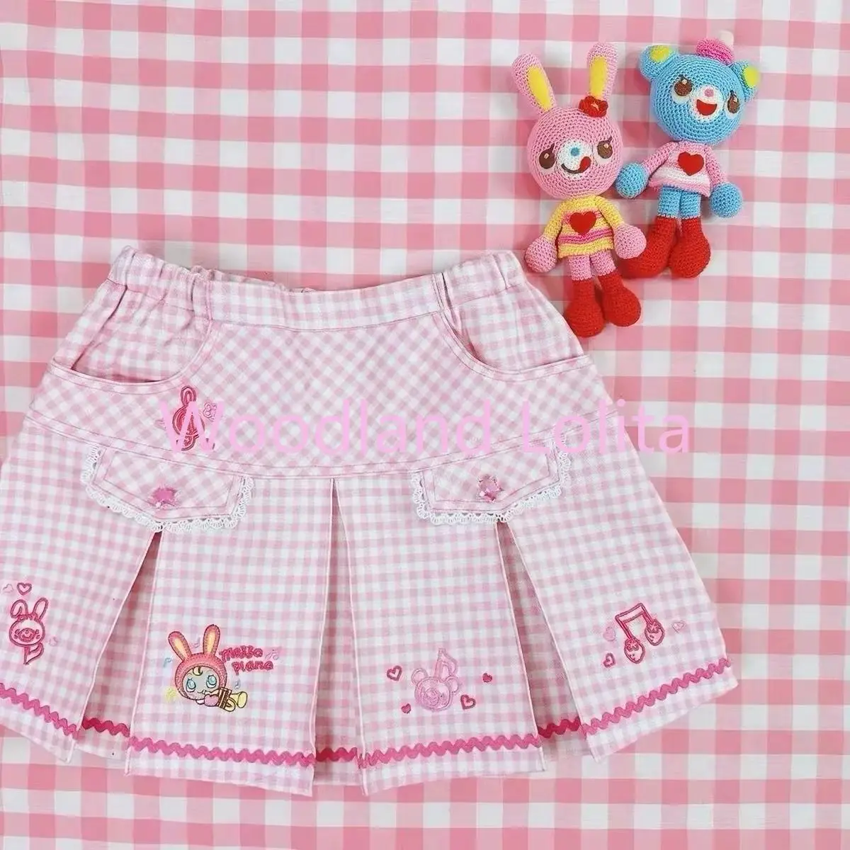 Frensh Sweet Japanese Cute Constrast Color Plaid Skirt Y2k Aesthetic Kawaii Lace Edge Embroidery Pleated Jupe Preppy Style Skirt
