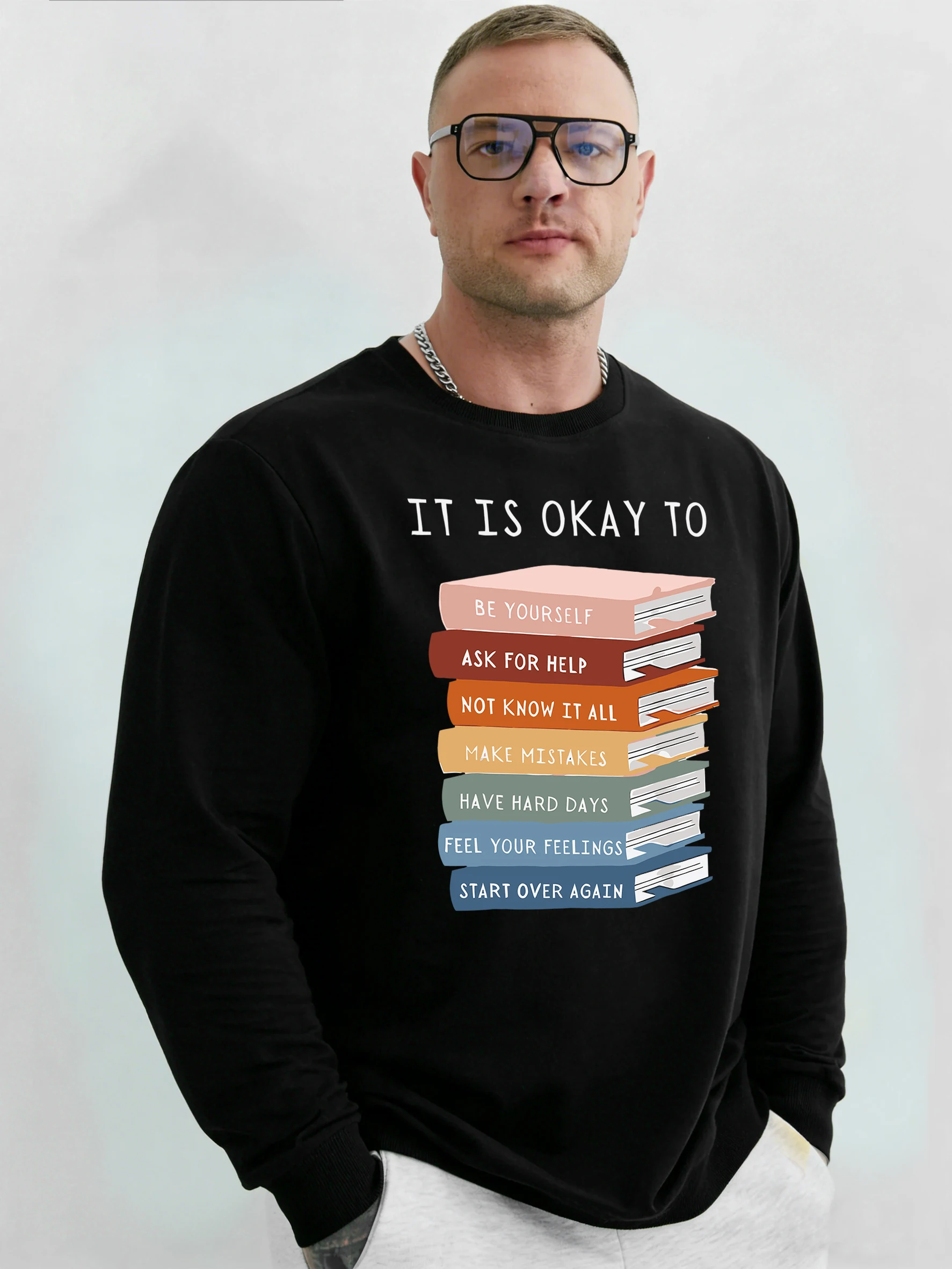 

It Is Okay To Prints мужские классические удобные толстовки пуловеры с круглым вырезом осенняя флисовая свободная одежда унисекс ретро топы без капюшона