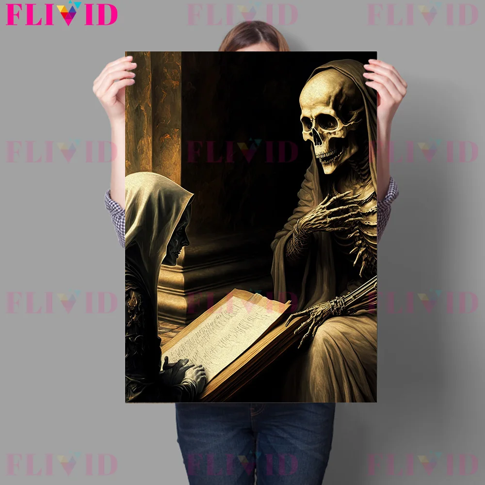 Believers And Skeleton Scholars Vintage Wall Art Canvas Painting Discussion On Faith Retro Art Poster And Print Home Decoration