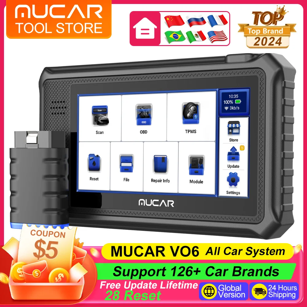 MUCAR-Herramienta de escaneo automotriz VO6 OBD2, nuevo sistema completo de nivel OE, aceite/ABS, 28 reajustes gratuitos, herramienta de escáner de