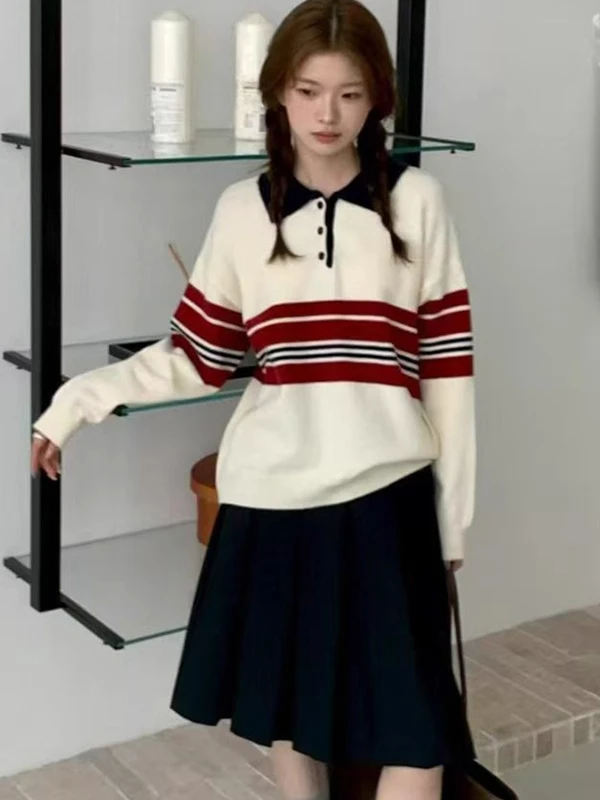 韓国 Sle 襟付きロング Sve ニットセーター レディース ルーズフィット 秋冬新作 Sle 細見えストライプトップ