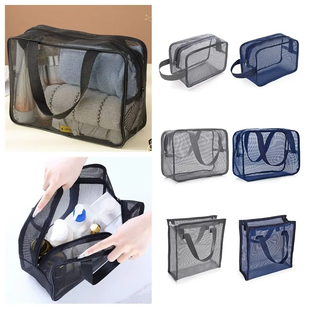 Durable Grey Blue Mesh Shower Bag Quick Dry Beach Handhold Storage Bag Mesh Large Capcity Gym Tote Bag Bathroom Shower Organizer