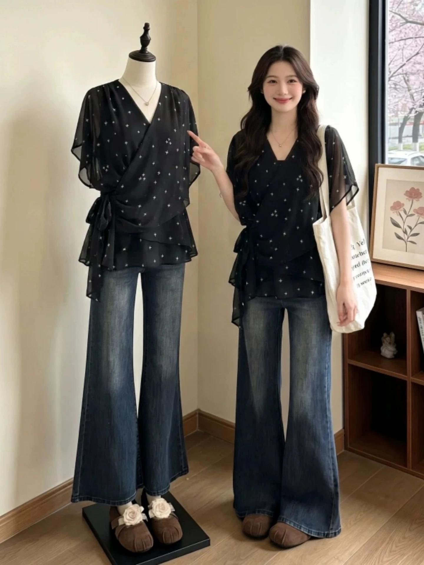 

Polka Dot V-Neck Short Sleeve Chiffon Shirt Women's Summer 2026 plus Size Slimming Belted Waist Tie Top Korean Style Commute ...