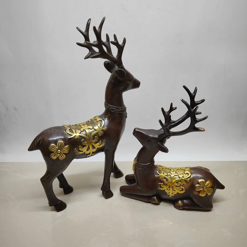 Antique Brass Pair Ornament Distressed Purple Copper Gilded Animal Plum Blossom Deer Decorative Craft